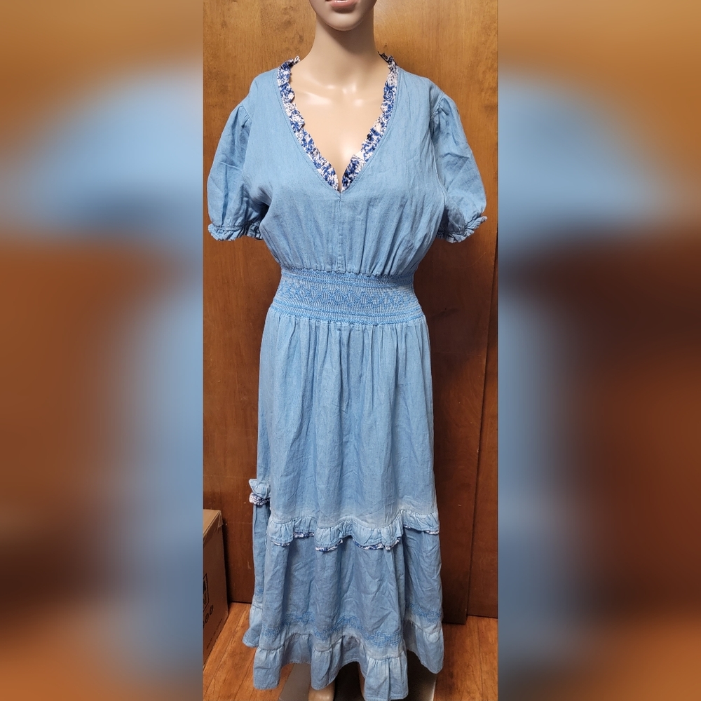 Red + olive Peasant Prairie Chambray  Floral Boho Ruffle Dress Size Large